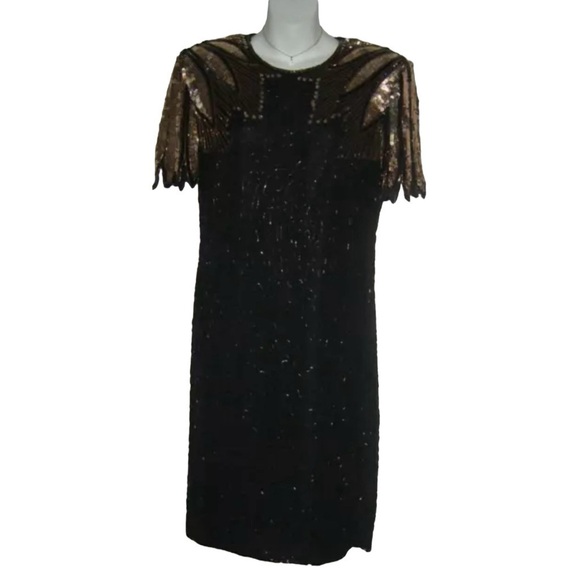 Stenay Dress Vintage 80s 20s Gatsby Dynasty Black Sequin Beaded Flapper Mob Wife - Picture 2 of 16